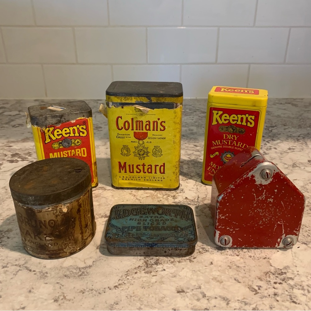 Set of 6 Vintage Tins Advertising Bank Mustard Tobacco